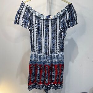 Blue Rain Navy and White Patterned Romper